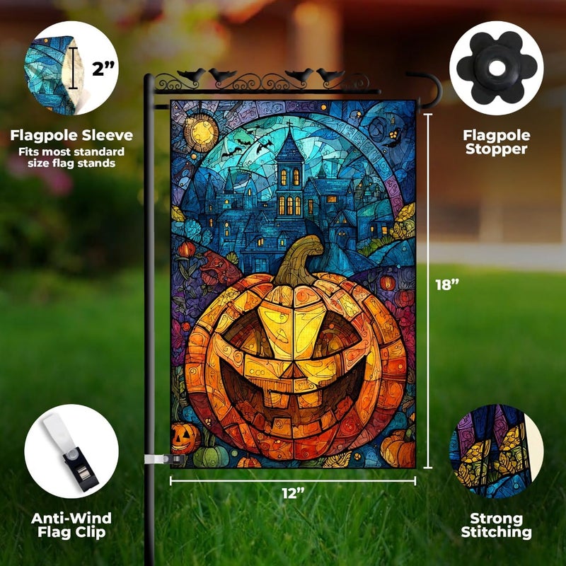 KarvePro Halloween Garden Flag 12x18 – Double Sided Burlap Flag with Pumpkin & Stained Glass Design –Fall Outdoor Yard Decor for Halloween - Image 3